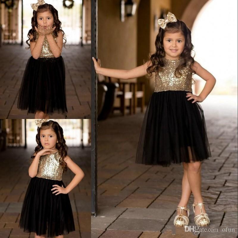

Sparkly Black Gold Sequins Tulle Flower Girls Dresses For Weddings Children Party Dresses Knee Length Girls Pageant Dresses, Ivory