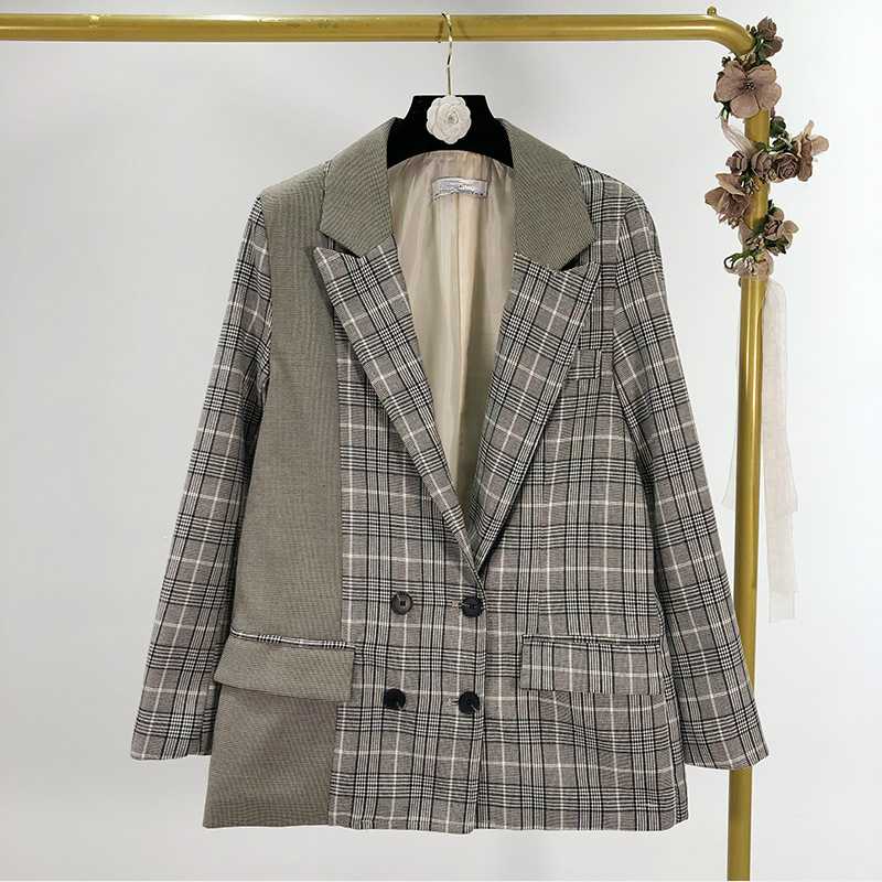 

New Spring Plaid Patchwork Blazer Coat Women Fashion Double Breasted Jacket Women Streetwear Long Sleeve Blazer Feminino, Photo color