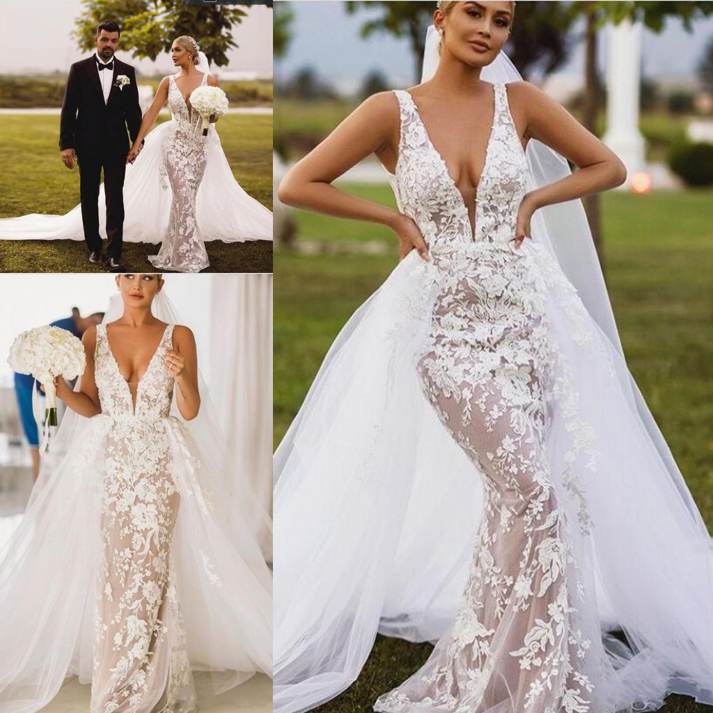 

Sexy Deep V Neck Mermaid Wedding Dresses With Detachable Train Open Back Full Lace Beach Bohemain Plus Size Bridal Gown, White