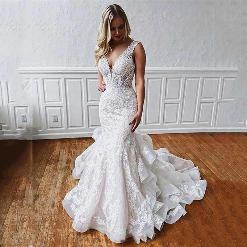 

Vintage V Neck Lace Mermaid Wedding Dresses 2020 with Appliques Ruffles Court Train Backless Tulle Wedding Bridal Gowns, White