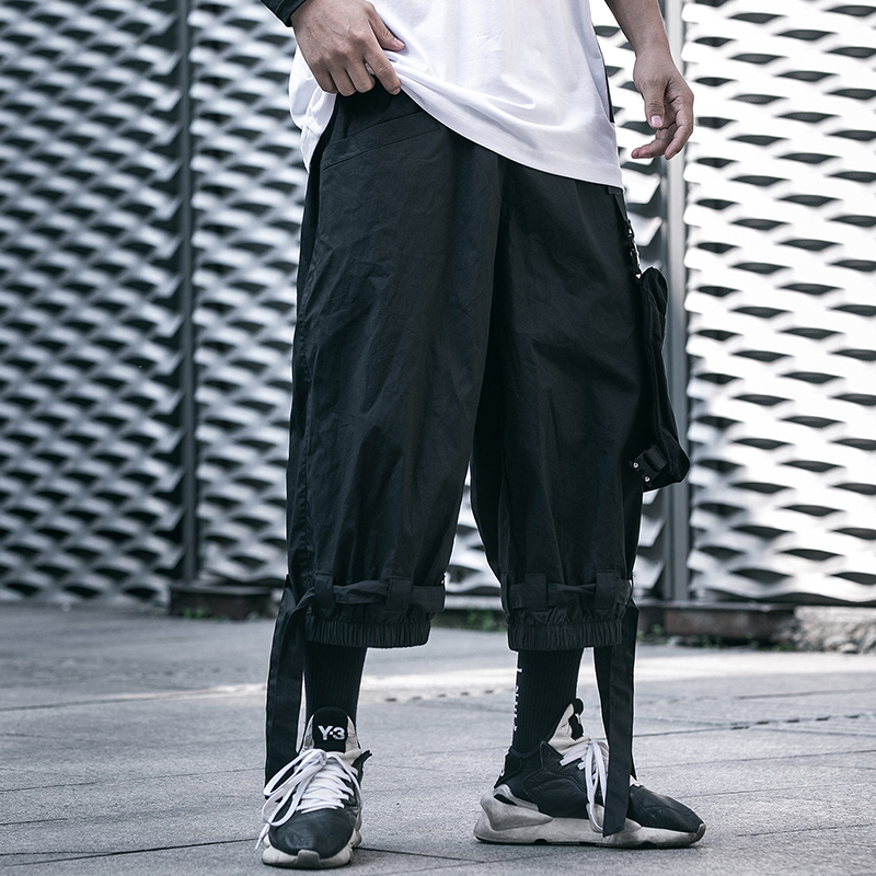 

Men Hip Hop Black Cargo Pants Joggers Sweatpants Overalls Men Ribbons Streetwear Harem Pants Women Fashions Trousers