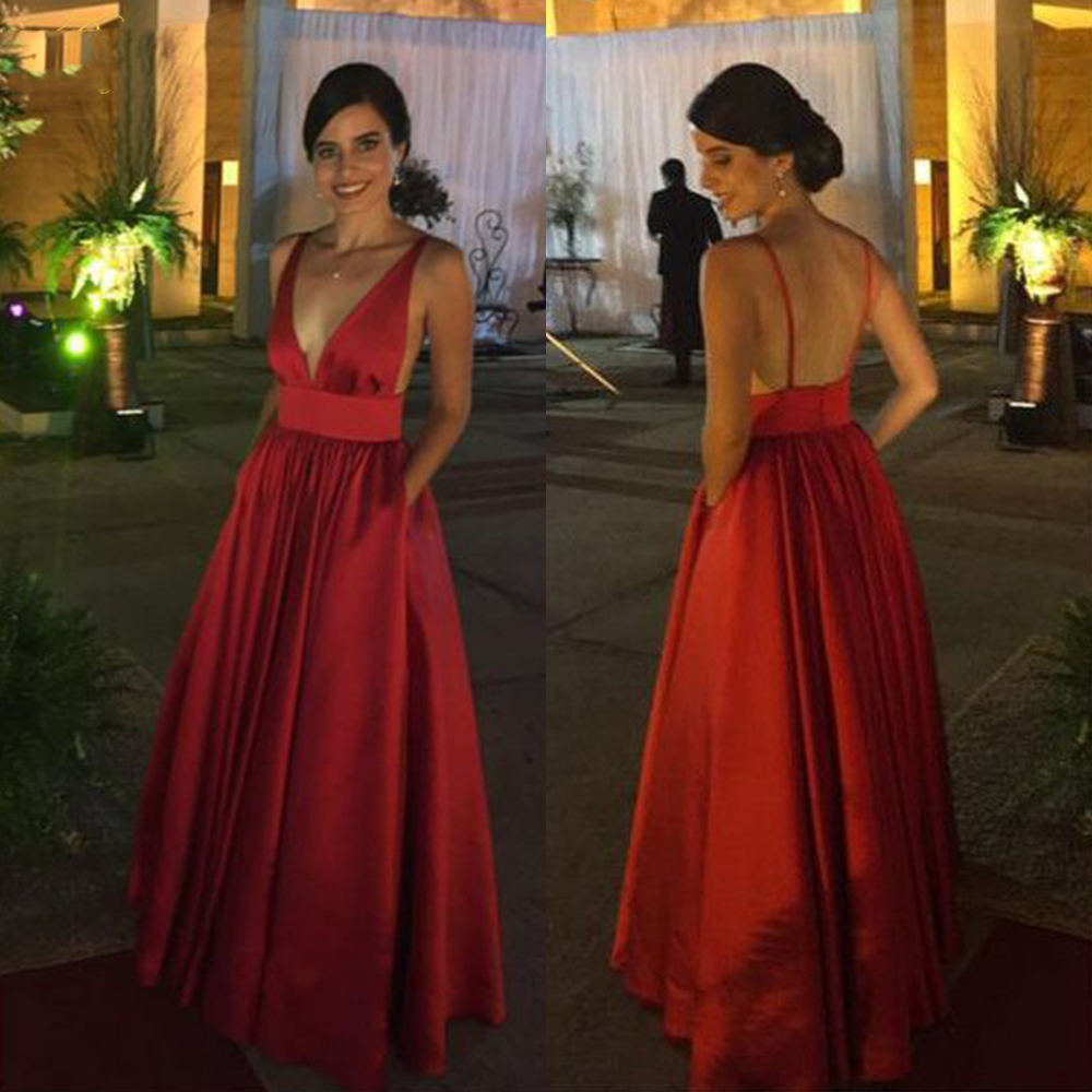 

Red Evening Dress Sexy V Elegant Satin Floor Gown Long Open Back Straps Formal Abiye Prom Party Dress vestido longo festa, Chocolate