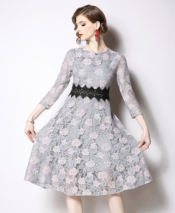 

Fashion crew neck Embroidered lace dresses street style dresses Knee-Length 3/4 sleeve girl skirts, Customize