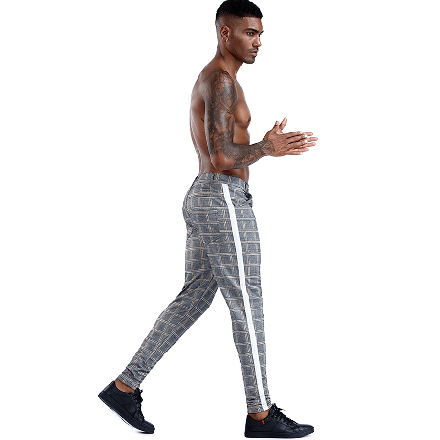 

Januarysnow Casual Mens Chinos Cotton Slim Fit Men Pants Trousers Skinny Chinos Pants Grey Ankle Length Streetwear Plaid Side Stripe Pants, Black