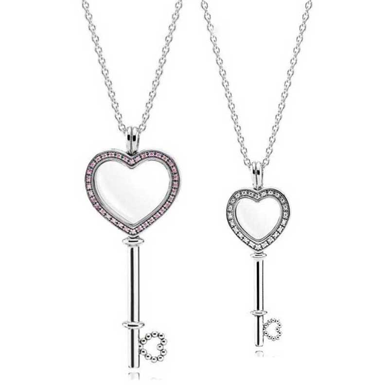 

2 Size Floating Locket Heart Key Necklaces for Women 925 Sterling Silver Jewelry Glass Open Pendant Chain Necklaces Collier
