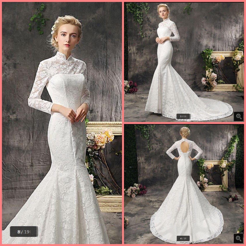 

2019 boho wedding dress white lace hollow back sexy mermaid long sleeve wedding dresses high neck court train corset bride dresses, Black