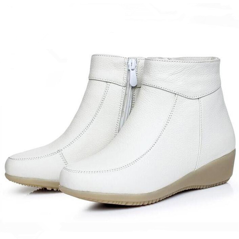 

New soft Comfortable winter white nurse shoes wedges warm snow boots Genuine leather boots shoes woman ankle boots