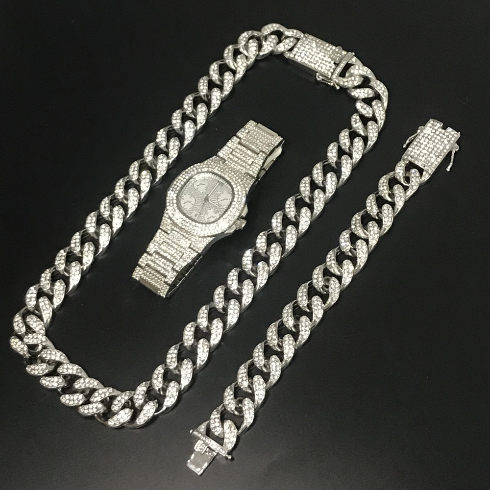 

Hip Hop Men Silver Necklace Crystal Miami Chain Men Watch & Necklace & Bracelet Combo Set Ice Out Cuban Necklace Hip Hop For Men