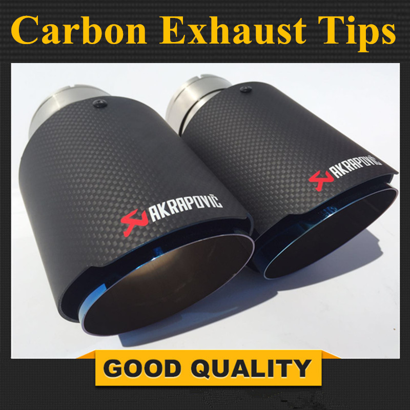 2PCS: 63mm Inlet 89mm Outlet Bleu Acier inoxydable voiture Embout d'échappement Akrapovic en fibre de carbone silencieux d'échappement Conseils p