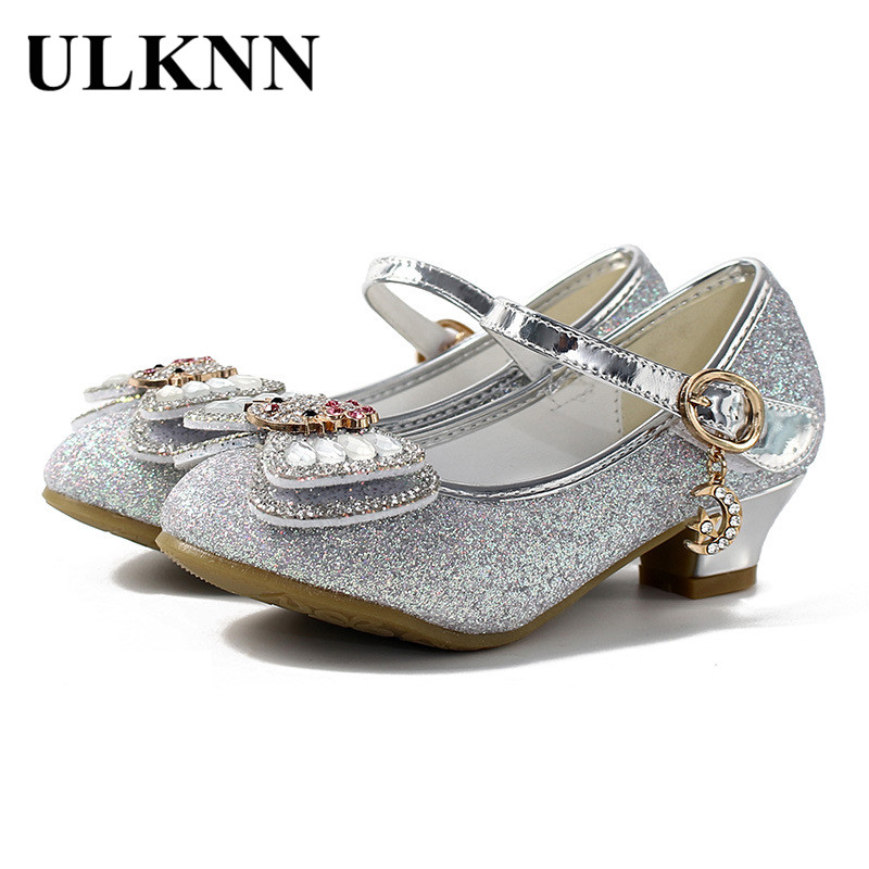 

ULKNN Children Princess Shoes For Girls Elegant Butterfly Knot High heel Kids Party Shoes Dress Rubber PU Wedding Sandals dance, Pink