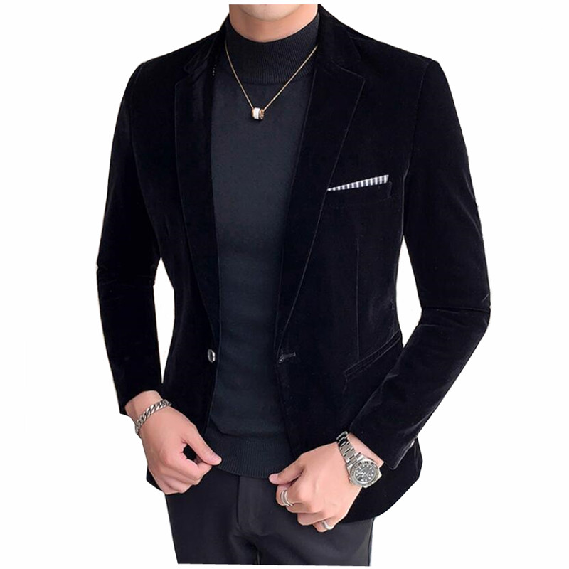 

Men's Slim Fit Gold Velvet Long Sleeve Suit Jackets Business Wedding Party Male Blue Suit Coats Mens Blazer Jacket, Black