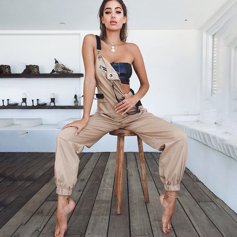 

Women Designer Jumpsuits Fashion Luxury Solid Color Pants Womens Summer Casual Breathable Straps Jumpsuits Lady Multi-bag Pants Wholesale, Khaki