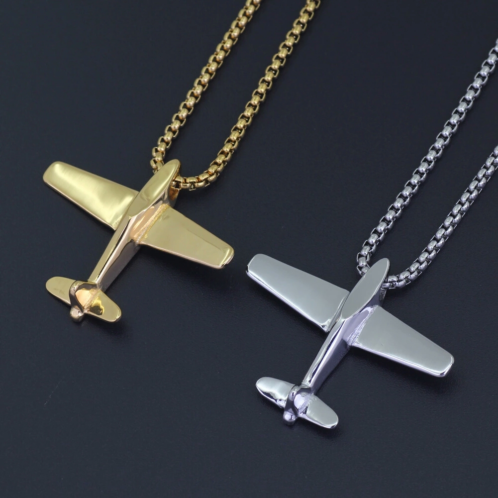 

hip hop airplane pendant necklaces for men luxury gold silver plane pendants Stainless steel cuban chain necklace jewelry gifts for pilot