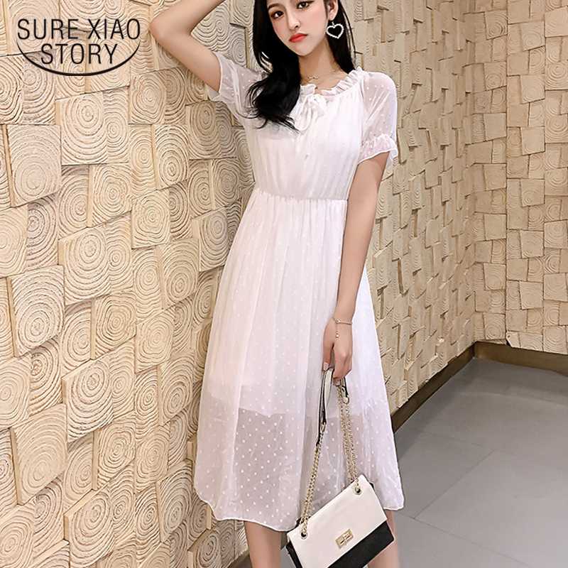 

Women Short Sleeve Lace Dress 2020 Summer New Hong Kong Style Elegant Chiffon Dress Solid White Black Party Dresses 8713 50
