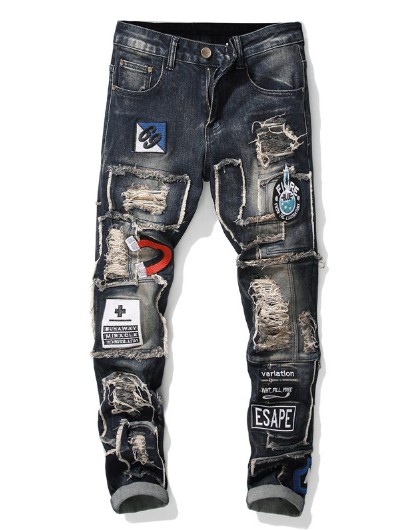 

Mens New Fashion Skinny Punk Slim Fit Jeans Distressed Denim Hole Pants Male Pencil Streetwears Pants, Dark blue