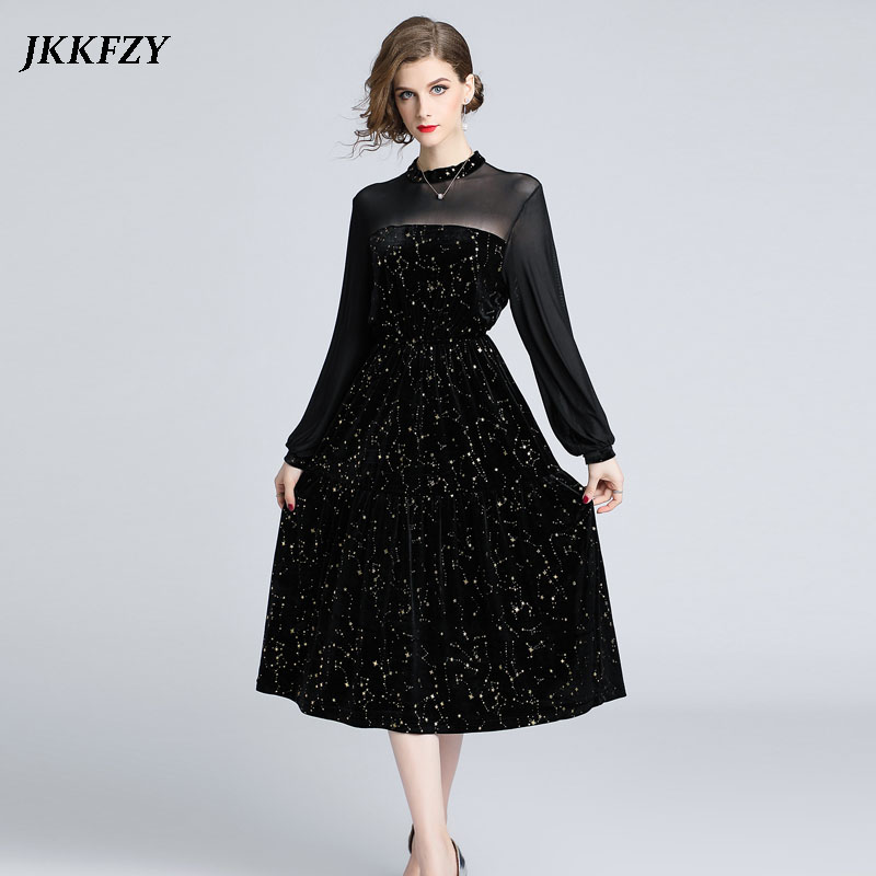 

Spring Women Plus Size Stretch Waist Black Runway Dress Long Sleeve O-Neck Vintage Midi Dress Lady Birthday Party Elegant