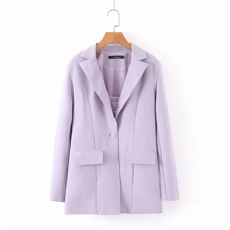 

Women Solid Chic Suit Blazers Long Sleeve Single Breasted Purple Jacket Notched Collar Pockets Casual Streetwear Coat