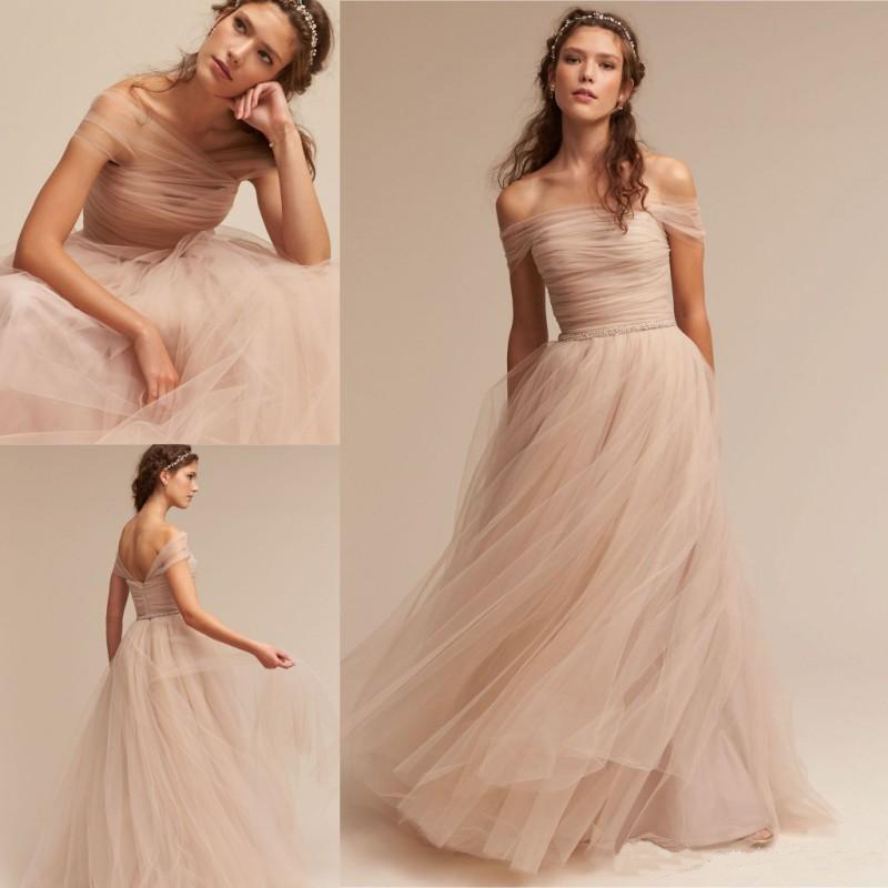 

Setwell Off Shoulder A-line Summer Beach Wedding Dresses Sleeveless Sexy Backless Floor Length Pleated Tulle Bridal Gown With Belt, Ivory