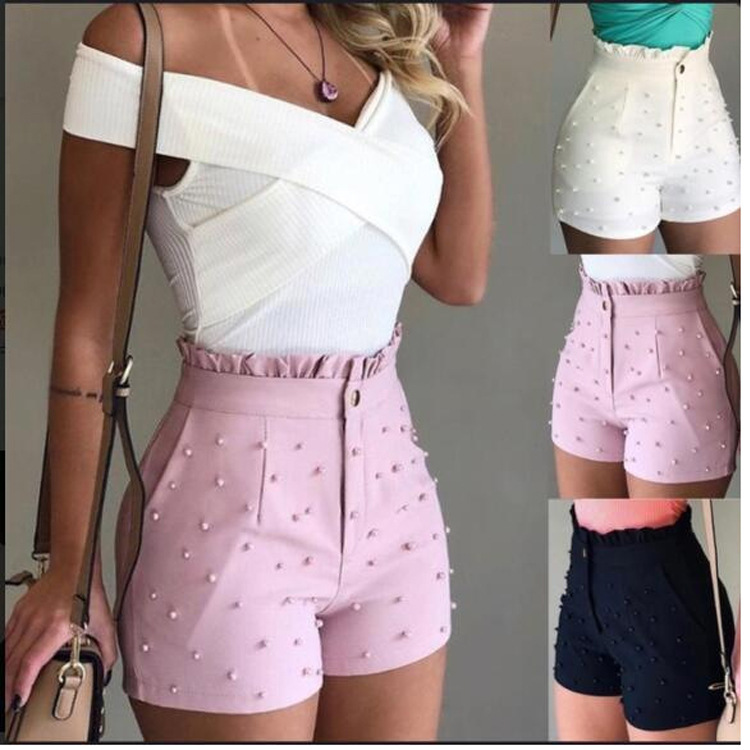 

2020 Spring And Summer Women' Cool Beads Casual Shorts Gun Beads Solid Color Sexy Slim Fit Shorts Women, Black