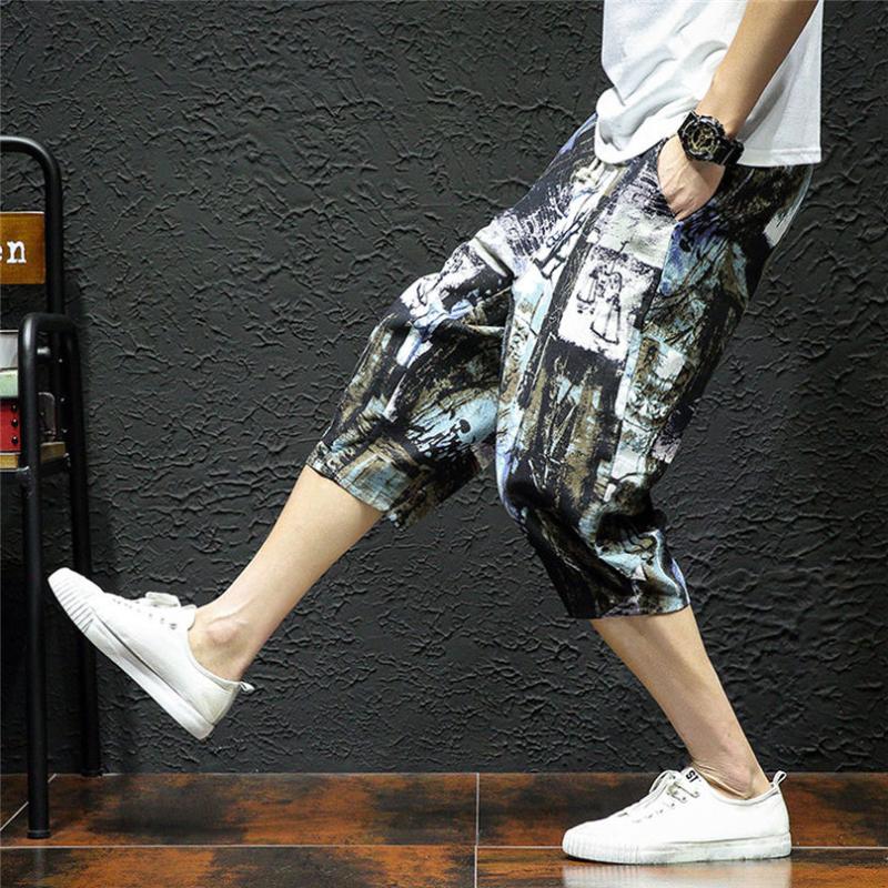 

2020 New Men's Wide Crotch Harem Cotton Linen Wide-legged Bloomers Baggy Cropped Large size Pants Men's pant trousers men #3A10, Black