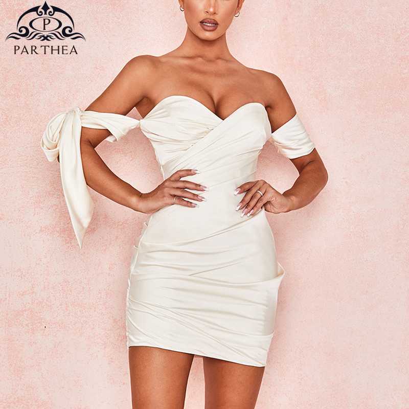 

Parthea Satin Party Dress Sexy Off Shoulder Backless Bodycon Summer Dress Women Sweetheart Neckline Elegant White 2020