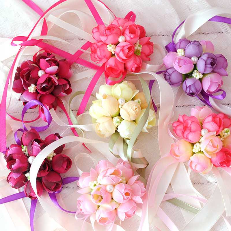 

5 Colors Rose Wrist Corsage Bridesmaid Sisters hand flowers Artificial Bride Flowers For Wedding Party Decoration Bridal Prom, Pink