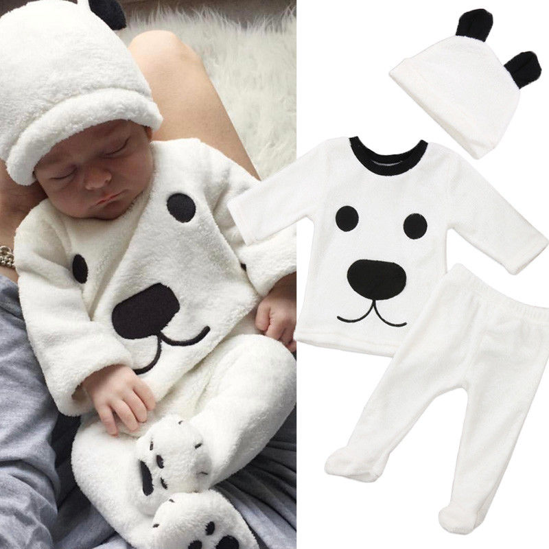 3pcs nouveau-nés filles bébé garçon manches longues overs Top Footies Pantalons Chapeau Tenues Set vêtements chauds d'hiver Fluffy mignon de band