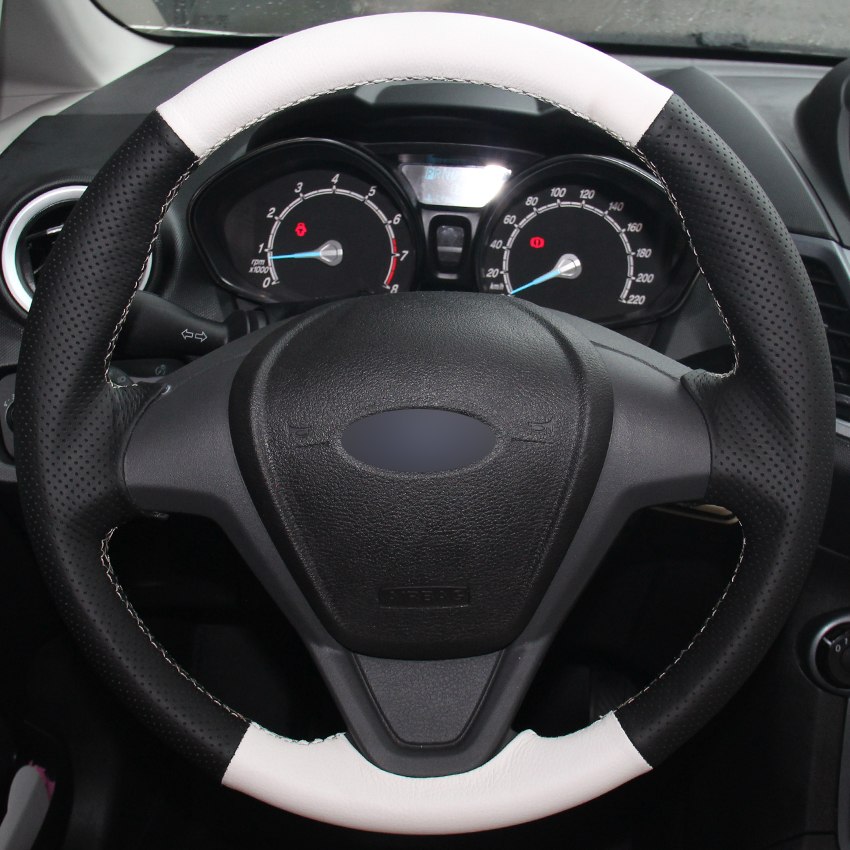 Black Natural Leather White Natural Leather Car Steering Wheel Cover for Ford Fiesta 2008-2013 Ecosport 2013-2016-image-441803903