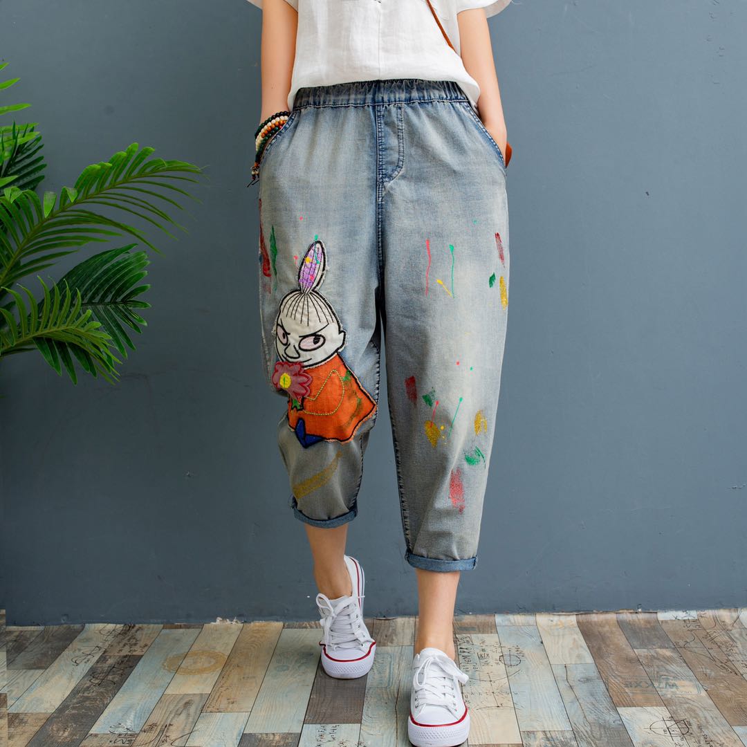 

The Blue Cartoon Painting Patch Embroidered Elastic Waist Bigger Sizes Female Jeans Bk4672