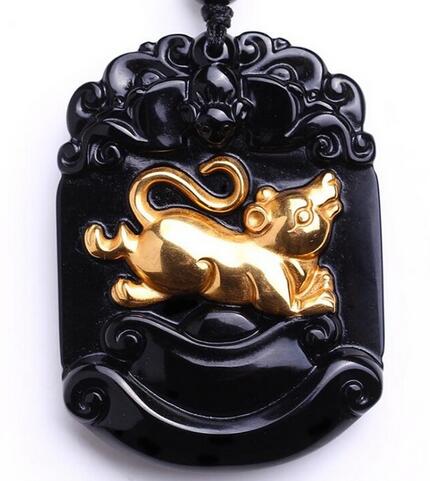 Naturel obsidienne fait main sculpté Chinois Zodiaque Lucky Pendentif Perles Collier