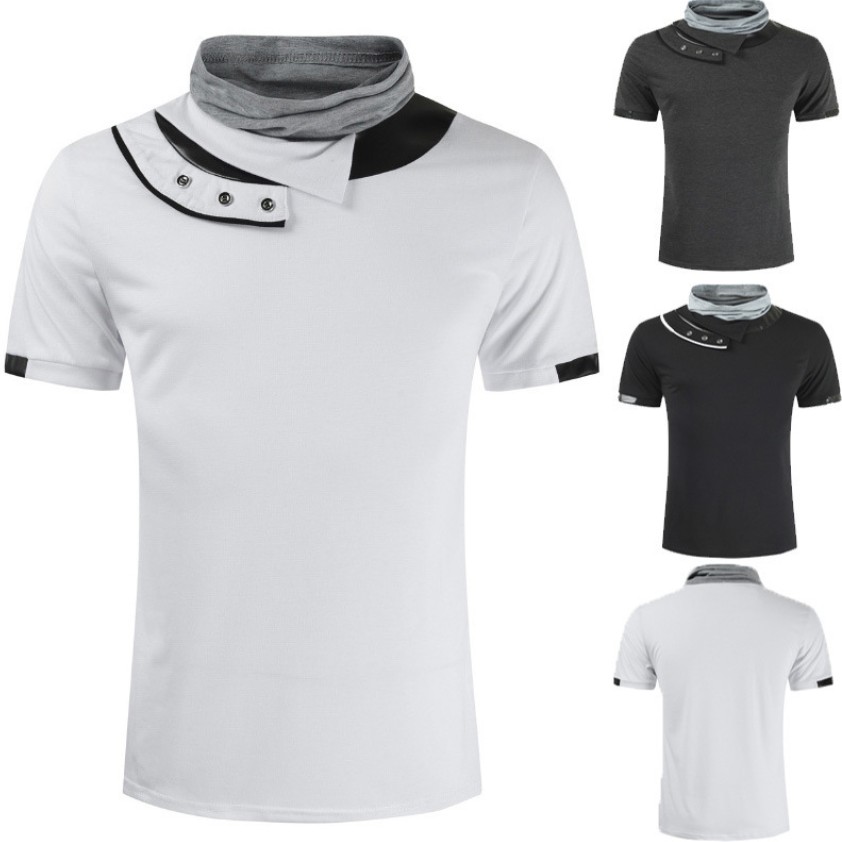 

Mens Designer t shirts 2020 New Solid Heap Collar Shirt PU Splicing Mens Fashion 100% cotton T-shirts Summer Short Sleeve Tee Tshirt Tops, White