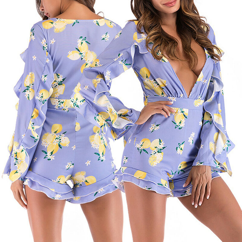 

Women Casual Long Sleeve Ruffles Bodycon Romper Jumpsuit Club Tight Bodysuit Short Pants Girls Streetwear robe femme, As pic