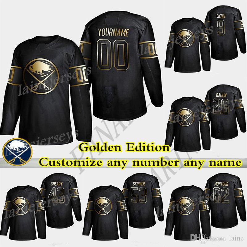 

2019 Buffalo Sabres Golden Edition 9 Jack Eichel 26 Rasmus Dahlin 53 Jeff Skinner 55 Ristolainen Customize any number any name hockey jersey, Black