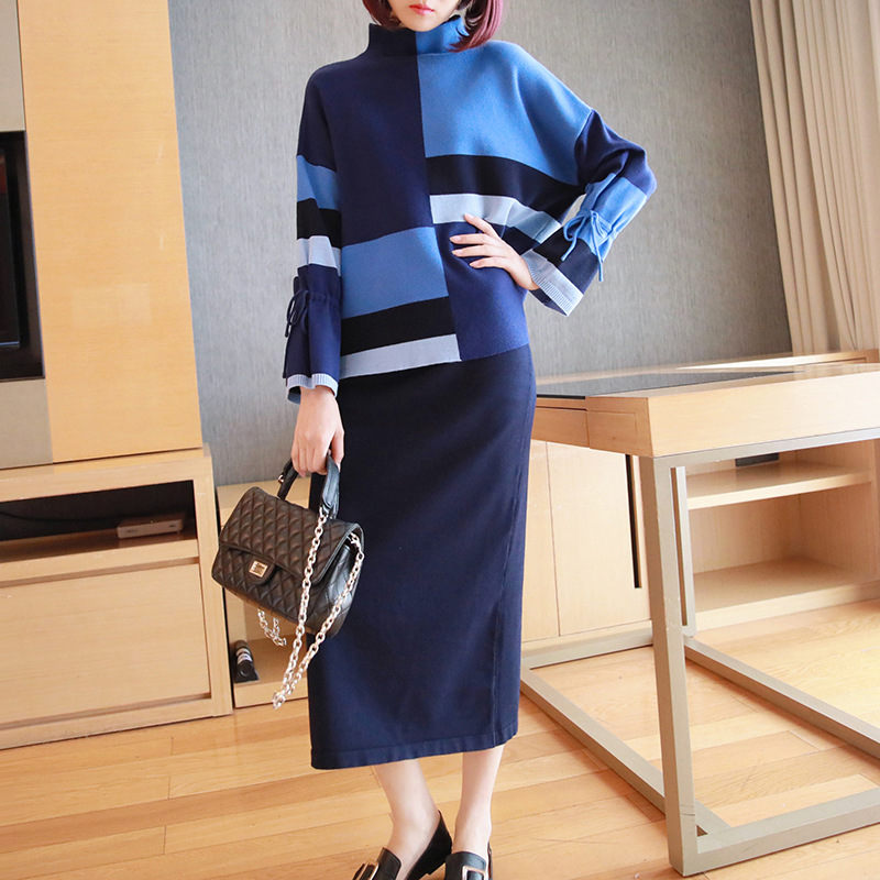 

Fashion Sweater Suit Skirt Female Knitted 2019 Autumn and Winter New Turtleneck Oversize Women Pullover Skirt Two-piece Set f205, Blue set