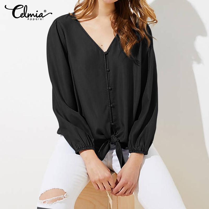 

2020 Plus Size Solid Sexy V-Neck Shirt Women Celmia Fashion Long Sleeve Knot Denim Blouses and Tops Casual Buttons Blusas 5XL, Black