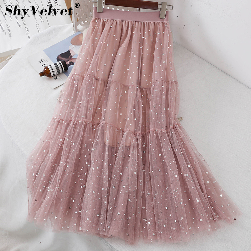 

Skirts Spring Stars Long Pleated Tulle Skirt Elastic Waist Mesh Tutu Pink Black Apricot Princess A-line Female