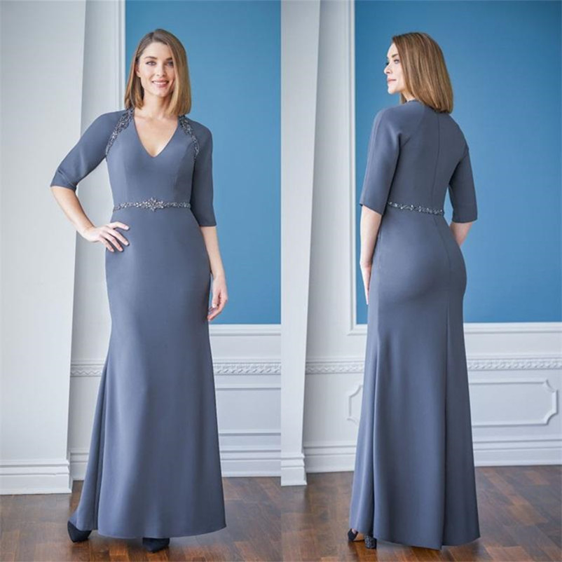Elegant Satin Mermaid Mother Of The Bride Dresses V-neck 3/4 Long Sleeves Evening Gowns Sequins Floor Length Wedding Guest Dress