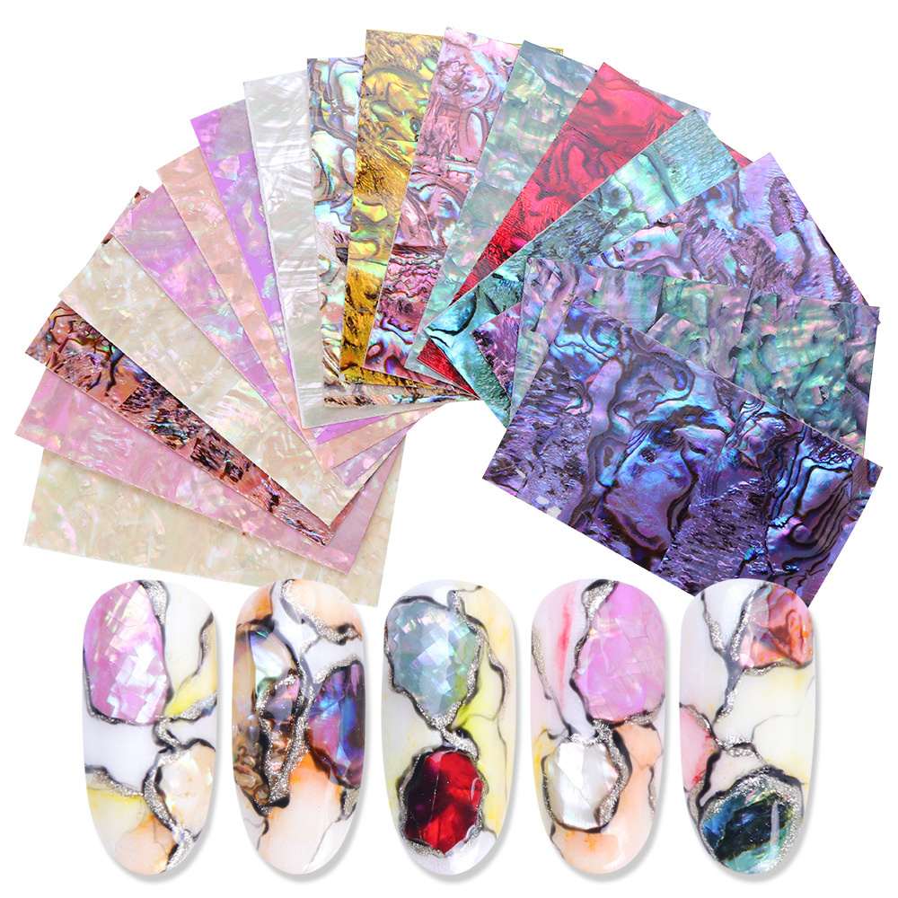 

15 Color Shell Abalone Nail Art Sticker Gradient Mermaid Flakes Nail Foil Seaside Design Stickers Decals Adhesive, As picture