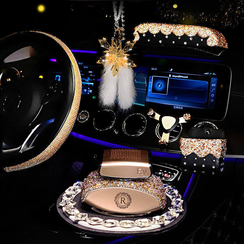 

Champagne gold Diamond Car Interior snowflake Pendant soft Steering Wheel Covers Tissue Box square Car perfume diffuser bottle