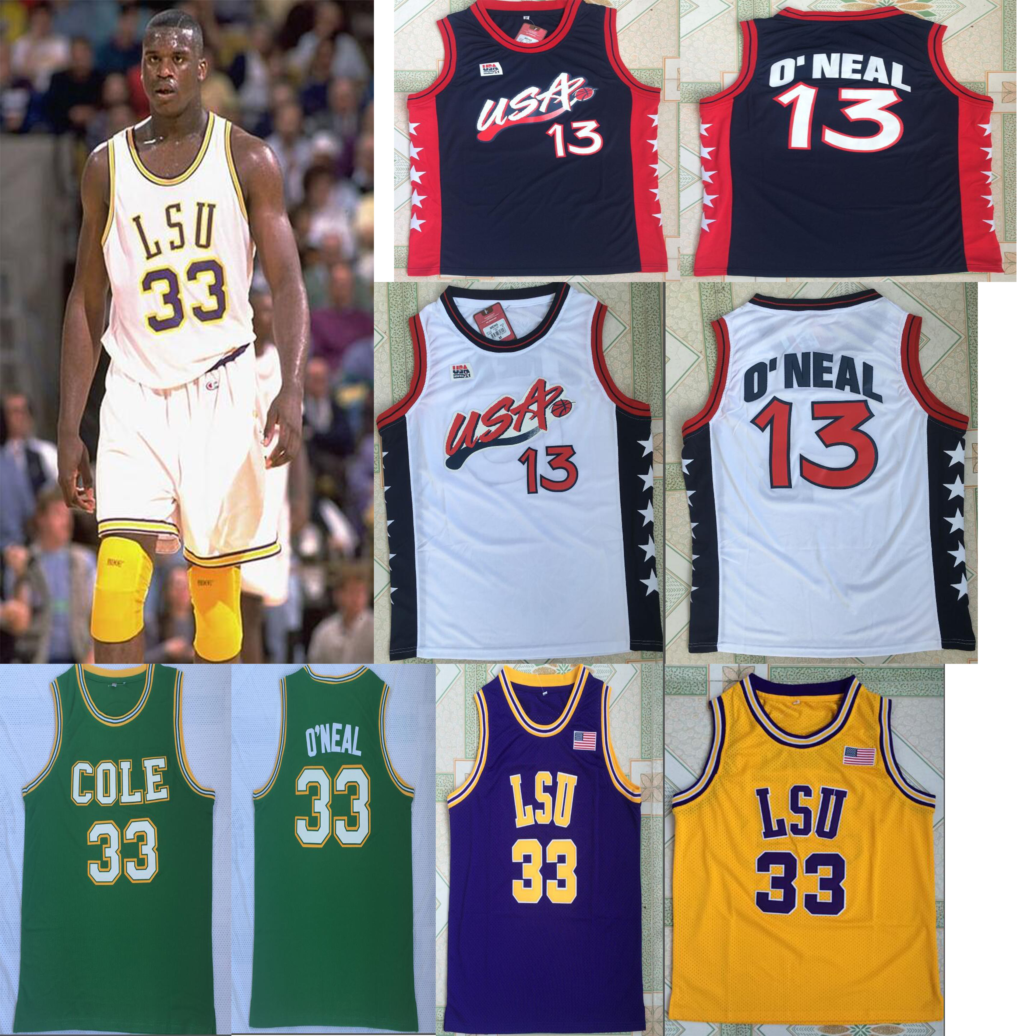 

1996 team usa dream team Shaquille Oneal 13 33 COLE High School Basketball Jerseys LSU Tigers Stitched College Basketball Shirts, Black