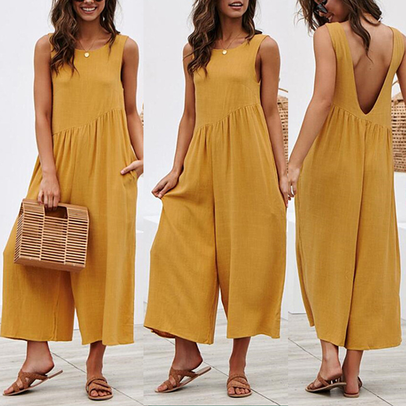 

Loose summer jumpsuit women sleeveless casual romper jumpsuits backless jump suit black beach overalls female clothes ropa mujer, White
