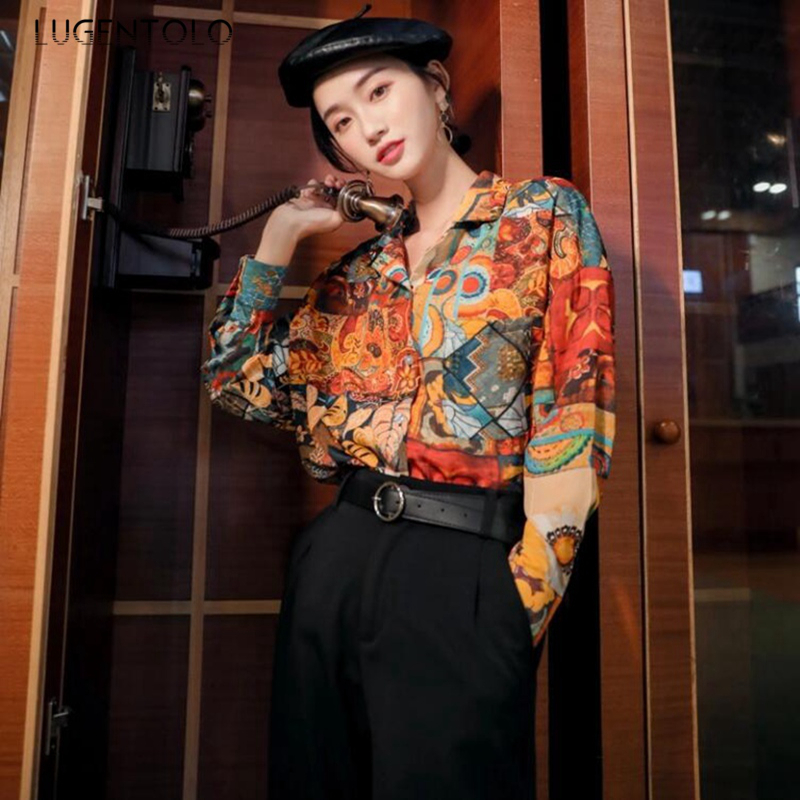 

Lugentolo Womens Tops and Blouses Spring New Print Lapel Long Sleeve Turn-down Collar Casual Fashion Korean Womens Clothing, Printing