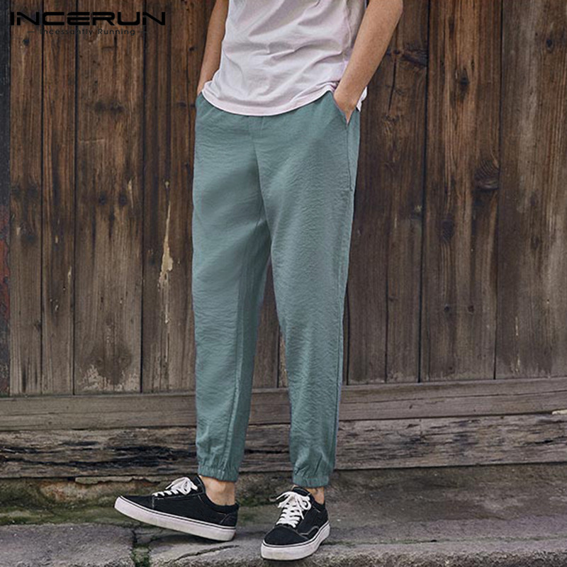 

2020 Solid Color Casual Pants Men Elastic Waist Streetwear Vintage Joggers Harem Trousers Men Leisure Pockets Long Pants INCERUN, Black