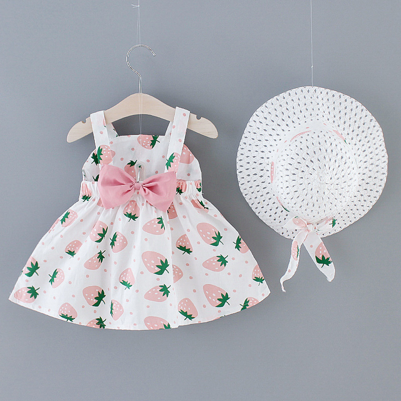 

Newborn Baby Clothes Summer Dresses Casual Cute Infant Kids Baby Girls Strawberry Bow Sleeveless Princess Party Dress + Sun Hat, Hz00010-pk