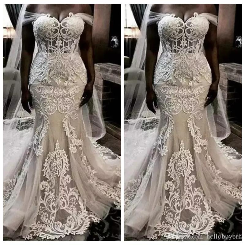 

Cheap African Lace Mermaid Wedding Dresses Bridal Gowns Crystal 2019 Plus Size Vestidos De Novia Vintage Wedding Gowns With Free Veil, Silver