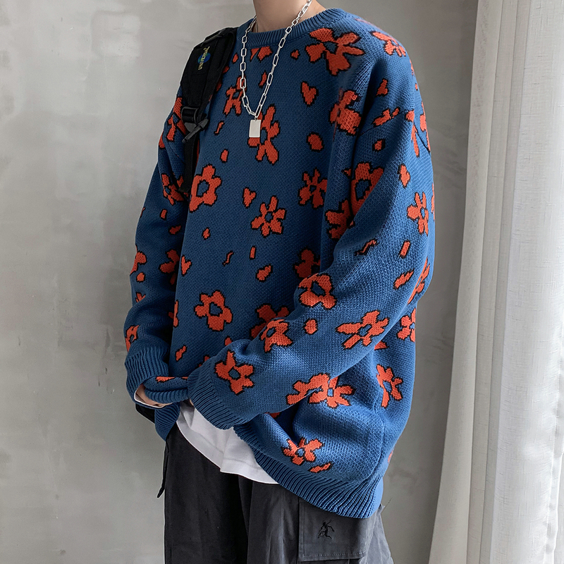 

Winter Flower Sweater Men's Warm Fashion Casual O-neck Sweater Pullover Man Wild Loose Long-sleeved Male Clothes, Blue