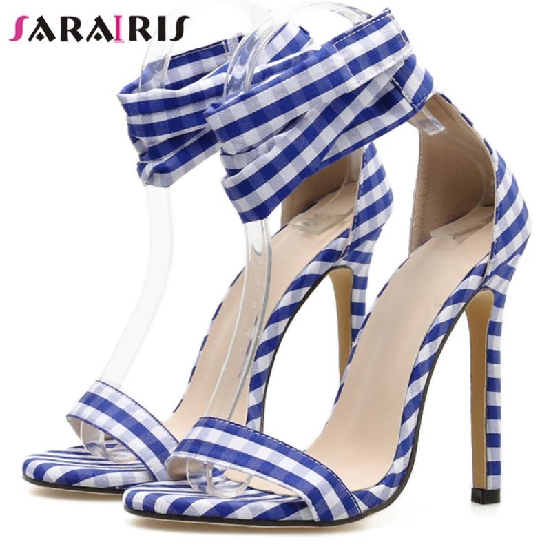 

SaraIris Sweet Heeled Ankle Wrap Sandals Women Sexy High Heels Party Sandals Ladies Elegant Summer Office Plaid Shoes, Blue