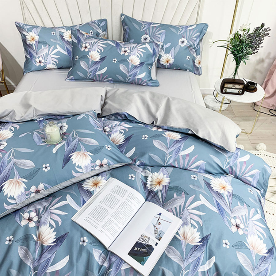

European elegant blue floral bedding set teen girl, queen king cotton double home textile bed sheet pillow case quilt cover, Picture color