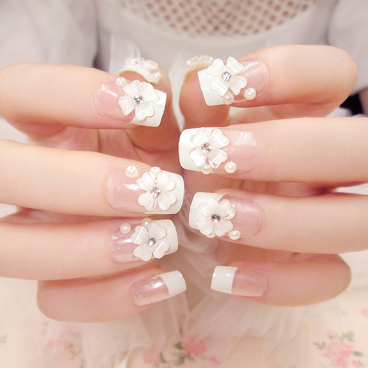 

French Style Bride 24 sheet/set Fake False Nail Tips White Pearl Floret Simple Beauty Glue Design Art Manicure Nail Stickers D22, D22 24 sheet