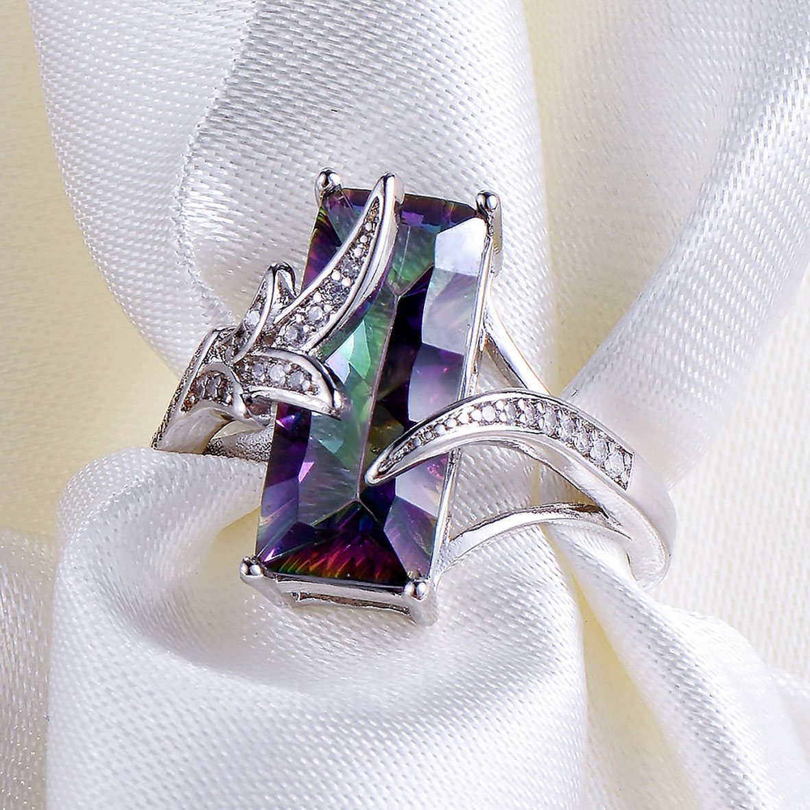 High Quality 925 Sterling Silver Rainbow Mystic Topaz CZ Ring Engagement Wedding Jewelry Gift For Womens